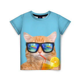 Детская футболка 3D с принтом котэ на отдыхе , 100% гипоаллергенный полиэфир | прямой крой, круглый вырез горловины, длина до линии бедер, чуть спущенное плечо, ткань немного тянется | кот | котик | лето | море | отдых | очки | пальмы | пляж | рыжий кот | солнце