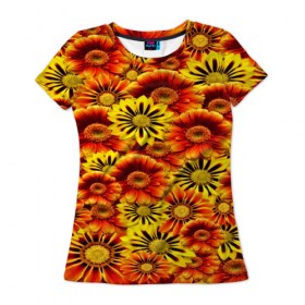 Женская футболка 3D с принтом Цветы , 100% полиэфир ( синтетическое хлопкоподобное полотно) | прямой крой, круглый вырез горловины, длина до линии бедер | flower | оранжевый | цветочки | цветы