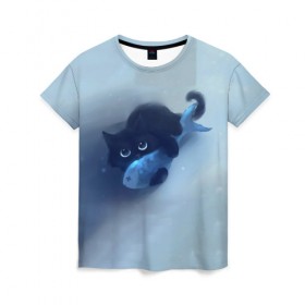 Женская футболка 3D с принтом Рыбка , 100% полиэфир ( синтетическое хлопкоподобное полотно) | прямой крой, круглый вырез горловины, длина до линии бедер | cat | kitty | животные | киса | кот | котенок | котэ | кошка