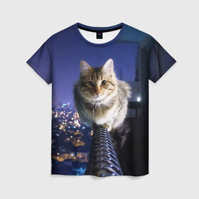 Женская футболка 3D с принтом Киса на балконе , 100% полиэфир ( синтетическое хлопкоподобное полотно) | прямой крой, круглый вырез горловины, длина до линии бедер | Тематика изображения на принте: cat | kitty | животные | киса | кот | котенок | котэ | кошка