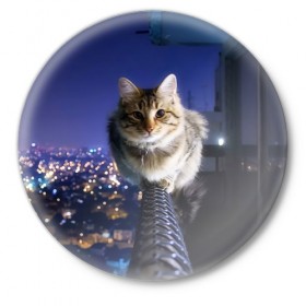 Значок с принтом Киса на балконе ,  металл | круглая форма, металлическая застежка в виде булавки | Тематика изображения на принте: cat | kitty | животные | киса | кот | котенок | котэ | кошка