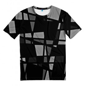 Мужская футболка 3D с принтом Geometry figure , 100% полиэфир | прямой крой, круглый вырез горловины, длина до линии бедер | Тематика изображения на принте: бумага | геометрия | грани | изгиб | линии | полигоны | полосы | постель | серый | сочетания | текстура | треугольники | черный