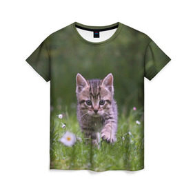 Женская футболка 3D с принтом Котенок на траве , 100% полиэфир ( синтетическое хлопкоподобное полотно) | прямой крой, круглый вырез горловины, длина до линии бедер | 