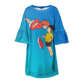 Детское платье 3D с принтом Рыбка , 100% полиэстер | прямой силуэт, чуть расширенный к низу. Круглая горловина, на рукавах — воланы | anime | ponyo | аниме | миядзаки | поньо