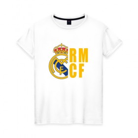 Женская футболка хлопок с принтом Real Madrid - RM/CF , 100% хлопок | прямой крой, круглый вырез горловины, длина до линии бедер, слегка спущенное плечо | 