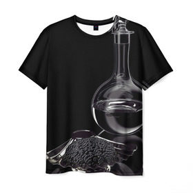 Мужская футболка 3D с принтом Водка и черная икра , 100% полиэфир | прямой крой, круглый вырез горловины, длина до линии бедер | графин | еда | жидкость | закуска | темный | черный