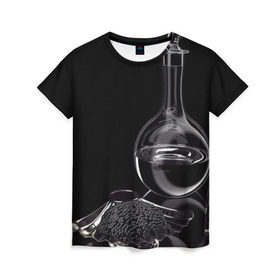 Женская футболка 3D с принтом Водка и черная икра , 100% полиэфир ( синтетическое хлопкоподобное полотно) | прямой крой, круглый вырез горловины, длина до линии бедер | графин | еда | жидкость | закуска | темный | черный