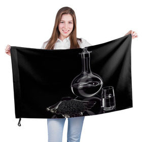 Флаг 3D с принтом Водка и черная икра , 100% полиэстер | плотность ткани — 95 г/м2, размер — 67 х 109 см. Принт наносится с одной стороны | графин | еда | жидкость | закуска | темный | черный