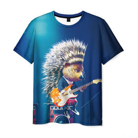 Мужская футболка 3D с принтом Животный рок , 100% полиэфир | прямой крой, круглый вырез горловины, длина до линии бедер | бас | гитара | дикобраз | еж | ежик | колонки | музыка | рок