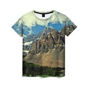 Женская футболка 3D с принтом Высокие горы , 100% полиэфир ( синтетическое хлопкоподобное полотно) | прямой крой, круглый вырез горловины, длина до линии бедер | пейзаж