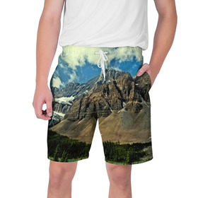 Мужские шорты 3D с принтом Высокие горы ,  полиэстер 100% | прямой крой, два кармана без застежек по бокам. Мягкая трикотажная резинка на поясе, внутри которой широкие завязки. Длина чуть выше колен | пейзаж