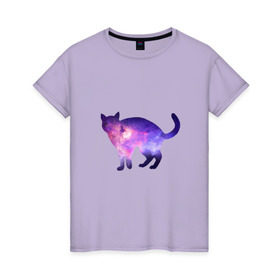 Женская футболка хлопок с принтом Cat galaxy , 100% хлопок | прямой крой, круглый вырез горловины, длина до линии бедер, слегка спущенное плечо | космос | кошка | силуэт