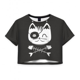 Женская футболка 3D укороченная с принтом Кот пират , 100% полиэстер | круглая горловина, длина футболки до линии талии, рукава с отворотами | кот | пират | рыба | скелет