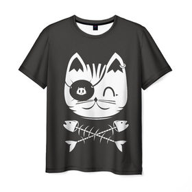 Мужская футболка 3D с принтом Кот пират , 100% полиэфир | прямой крой, круглый вырез горловины, длина до линии бедер | Тематика изображения на принте: кот | пират | рыба | скелет