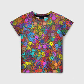 Детская футболка 3D с принтом Разноцветные отпечатки рук , 100% гипоаллергенный полиэфир | прямой крой, круглый вырез горловины, длина до линии бедер, чуть спущенное плечо, ткань немного тянется | клякса | краски | ладонь | пятна | рука | холи | цвет | цветные
