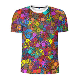 Мужская футболка 3D спортивная с принтом Разноцветные отпечатки рук , 100% полиэстер с улучшенными характеристиками | приталенный силуэт, круглая горловина, широкие плечи, сужается к линии бедра | Тематика изображения на принте: клякса | краски | ладонь | пятна | рука | холи | цвет | цветные