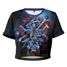 Женская футболка 3D укороченная с принтом Cult of Fire , 100% полиэстер | круглая горловина, длина футболки до линии талии, рукава с отворотами | black metal | демон | череп