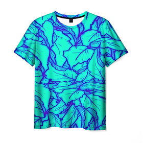 Мужская футболка 3D с принтом Фрактальные лепестки , 100% полиэфир | прямой крой, круглый вырез горловины, длина до линии бедер | Тематика изображения на принте: листья | паттерн | синий