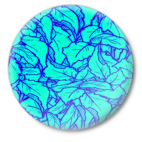 Значок с принтом Фрактальные лепестки ,  металл | круглая форма, металлическая застежка в виде булавки | Тематика изображения на принте: листья | паттерн | синий