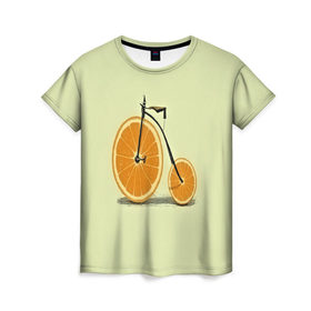 Женская футболка 3D с принтом Апельсиновый велосипед , 100% полиэфир ( синтетическое хлопкоподобное полотно) | прямой крой, круглый вырез горловины, длина до линии бедер | Тематика изображения на принте: 
