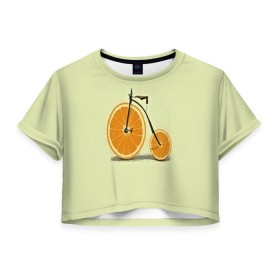 Женская футболка 3D укороченная с принтом Апельсиновый велосипед , 100% полиэстер | круглая горловина, длина футболки до линии талии, рукава с отворотами | 