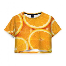 Женская футболка 3D укороченная с принтом Апельсинка , 100% полиэстер | круглая горловина, длина футболки до линии талии, рукава с отворотами | апельсин | свежесть | фрукт