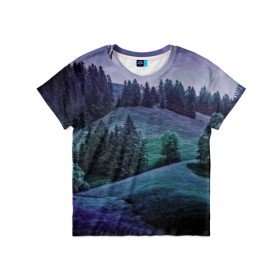 Детская футболка 3D с принтом Paysage , 100% гипоаллергенный полиэфир | прямой крой, круглый вырез горловины, длина до линии бедер, чуть спущенное плечо, ткань немного тянется | лес | пейзаж | сказочный