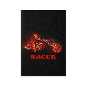 Обложка для паспорта матовая кожа с принтом Racer (гонщик) , натуральная матовая кожа | размер 19,3 х 13,7 см; прозрачные пластиковые крепления | байк | в огне | гонщик | дым | колесо | крутой | мото | мотоцикл | мотоциклист | надпись | огненный | огонь | пламя | полыхает | прикольная | скелет | фон | череп | черный