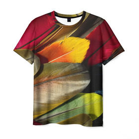 Мужская футболка 3D с принтом Перья , 100% полиэфир | прямой крой, круглый вырез горловины, длина до линии бедер | перо | попугай | птица | радуга | радужный