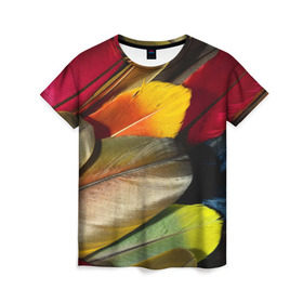 Женская футболка 3D с принтом Перья , 100% полиэфир ( синтетическое хлопкоподобное полотно) | прямой крой, круглый вырез горловины, длина до линии бедер | перо | попугай | птица | радуга | радужный
