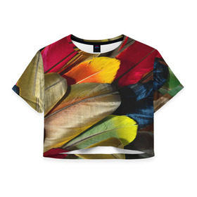 Женская футболка 3D укороченная с принтом Перья , 100% полиэстер | круглая горловина, длина футболки до линии талии, рукава с отворотами | перо | попугай | птица | радуга | радужный