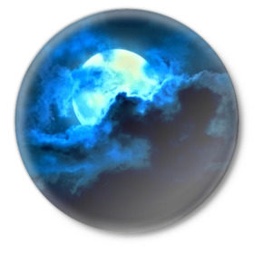 Значок с принтом Полнолуние ,  металл | круглая форма, металлическая застежка в виде булавки | луна | небо | ночь | тучи