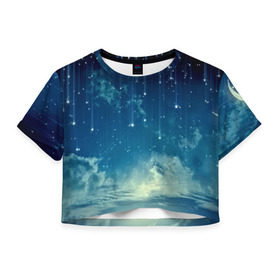 Женская футболка 3D укороченная с принтом Падение звёзд , 100% полиэстер | круглая горловина, длина футболки до линии талии, рукава с отворотами | Тематика изображения на принте: звездопад | месяц | ночь | пейзаж