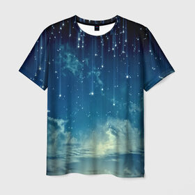 Мужская футболка 3D с принтом Падение звёзд , 100% полиэфир | прямой крой, круглый вырез горловины, длина до линии бедер | Тематика изображения на принте: звездопад | месяц | ночь | пейзаж