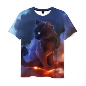 Мужская футболка 3D с принтом Night cat , 100% полиэфир | прямой крой, круглый вырез горловины, длина до линии бедер | киска | кот | котёнок | кошка | небо | ночь | облака | огонь