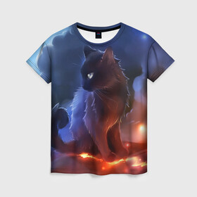 Женская футболка 3D с принтом Night cat , 100% полиэфир ( синтетическое хлопкоподобное полотно) | прямой крой, круглый вырез горловины, длина до линии бедер | киска | кот | котёнок | кошка | небо | ночь | облака | огонь