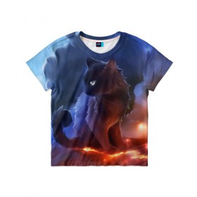 Детская футболка 3D с принтом Night cat , 100% гипоаллергенный полиэфир | прямой крой, круглый вырез горловины, длина до линии бедер, чуть спущенное плечо, ткань немного тянется | киска | кот | котёнок | кошка | небо | ночь | облака | огонь