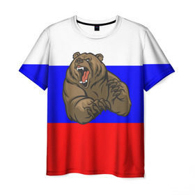 Мужская футболка 3D с принтом Медведь , 100% полиэфир | прямой крой, круглый вырез горловины, длина до линии бедер | медведь | триколор | я русский