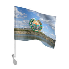 Флаг для автомобиля с принтом Узбекистан , 100% полиэстер | Размер: 30*21 см | герб | гора | горы | озеро | природа | республика | узбекская сср