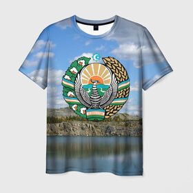 Мужская футболка 3D с принтом Узбекистан , 100% полиэфир | прямой крой, круглый вырез горловины, длина до линии бедер | Тематика изображения на принте: герб | гора | горы | озеро | природа | республика | узбекская сср