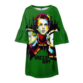 Детское платье 3D с принтом Green Day , 100% полиэстер | прямой силуэт, чуть расширенный к низу. Круглая горловина, на рукавах — воланы | Тематика изображения на принте: american idiot | green day | грин дей | грин дэй