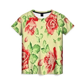 Женская футболка 3D с принтом Розочки , 100% полиэфир ( синтетическое хлопкоподобное полотно) | прямой крой, круглый вырез горловины, длина до линии бедер | Тематика изображения на принте: паттерн | цветы