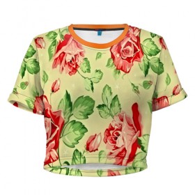 Женская футболка 3D укороченная с принтом Розочки , 100% полиэстер | круглая горловина, длина футболки до линии талии, рукава с отворотами | паттерн | цветы