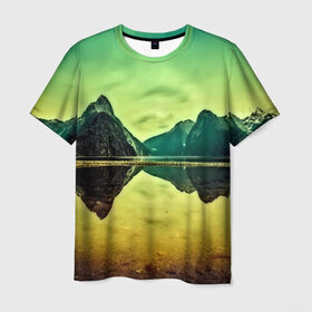 Мужская футболка 3D с принтом Новая Зеландия , 100% полиэфир | прямой крой, круглый вырез горловины, длина до линии бедер | Тематика изображения на принте: humboldt | горы | деревья | долина | зелень | лес | небо | новая зеландия | облака | панорама | река | солнечно