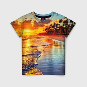 Детская футболка 3D с принтом Гавайи , 100% гипоаллергенный полиэфир | прямой крой, круглый вырез горловины, длина до линии бедер, чуть спущенное плечо, ткань немного тянется | Тематика изображения на принте: hawaii | гавайи | газон | горизонт | море | небо | облака | пальмы | побережье | скалы | солнце | сша | тропики
