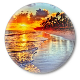 Значок с принтом Гавайи ,  металл | круглая форма, металлическая застежка в виде булавки | hawaii | гавайи | газон | горизонт | море | небо | облака | пальмы | побережье | скалы | солнце | сша | тропики