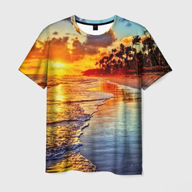 Мужская футболка 3D с принтом Гавайи , 100% полиэфир | прямой крой, круглый вырез горловины, длина до линии бедер | hawaii | гавайи | газон | горизонт | море | небо | облака | пальмы | побережье | скалы | солнце | сша | тропики