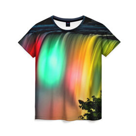 Женская футболка 3D с принтом Цветной водопад , 100% полиэфир ( синтетическое хлопкоподобное полотно) | прямой крой, круглый вырез горловины, длина до линии бедер | niagara | ниагара | подсветка | яркий