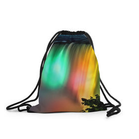Рюкзак-мешок 3D с принтом Цветной водопад , 100% полиэстер | плотность ткани — 200 г/м2, размер — 35 х 45 см; лямки — толстые шнурки, застежка на шнуровке, без карманов и подкладки | Тематика изображения на принте: niagara | ниагара | подсветка | яркий