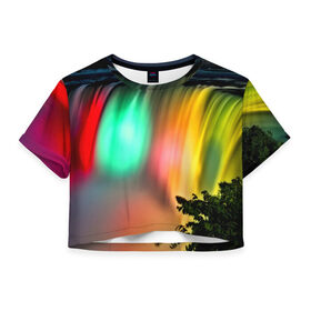 Женская футболка 3D укороченная с принтом Цветной водопад , 100% полиэстер | круглая горловина, длина футболки до линии талии, рукава с отворотами | niagara | ниагара | подсветка | яркий